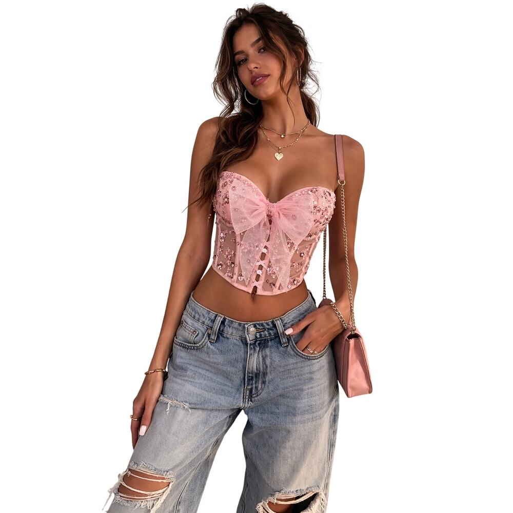Pink Sequin Mesh Corset Top with Oversized Bow & Lace-Up Back – Adjustable Fit